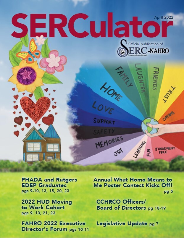 SERC April Magazine Cover - illustration of a house, hearts, flowers and butterflies next to a color wheel of words and a hand holding a small globe of the earth