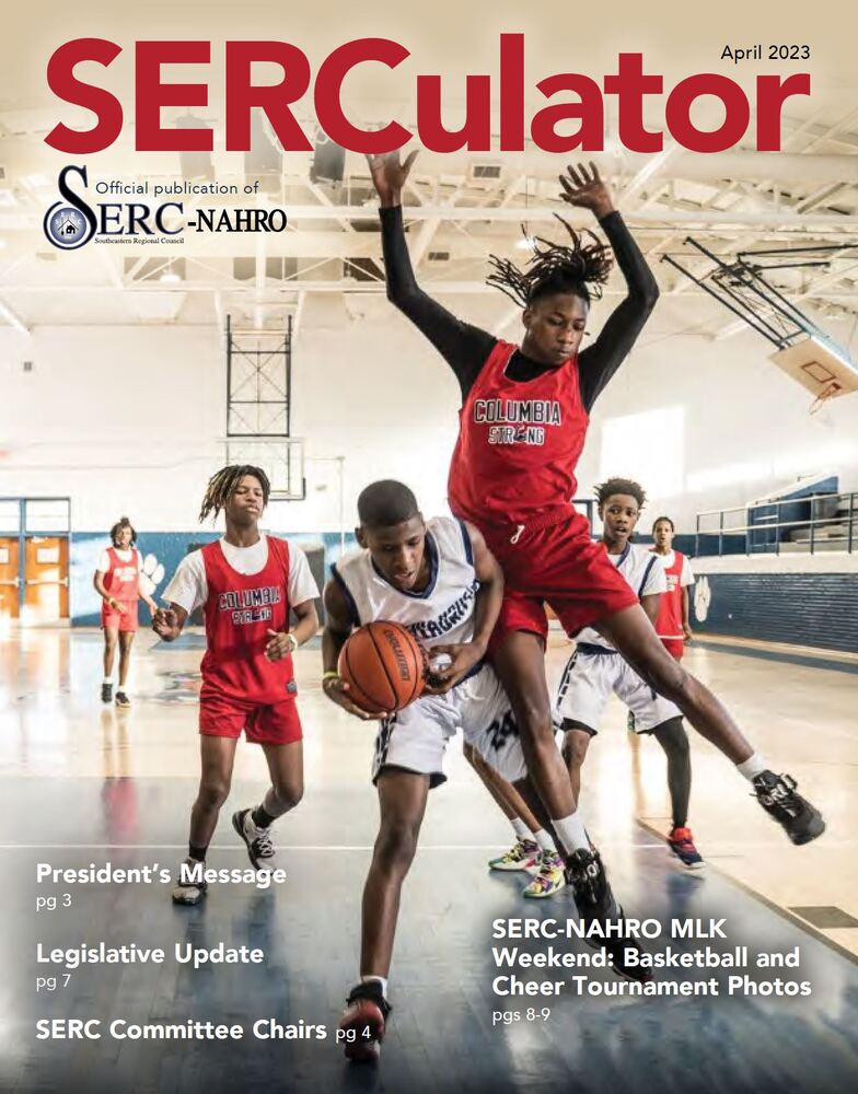 April 2023 SERCulator Issue Cover Artwork, showing teenage boys playing basketball on an indoor court