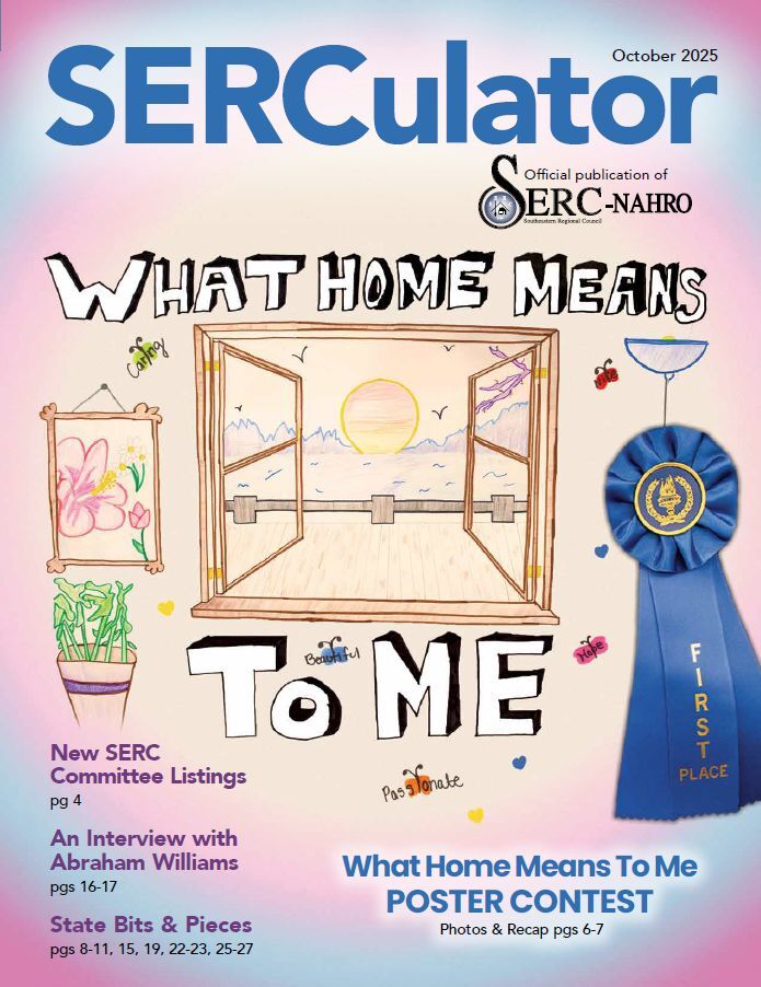 October 2025 SERCulator Cover. The cover includes a blue first place ribbon, the words What Home Means To Me, and some butterflies that have the words Caring, Beautiful, and Hope. 