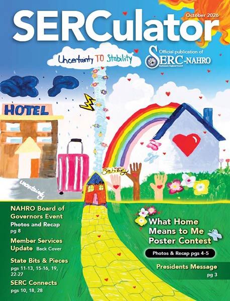 SERCulator October 2026 Cover with the word SERCulator and poster contest entry showing going from living in a hotel and sad/dark to living in a home happy/rainbow