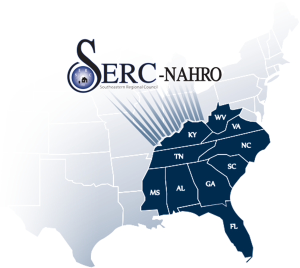 United States map highlighting all areas that SERC-NAHRO serves. Those areas are: Florida, Georgia, Alabama, Mississippi, Tennessee, South Carolina, North Carolina, Virginia, West Virginia, and Kentucky.