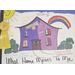 a drawing of a pink and purple house with a smiley faced sun in the corner or the page and a rainbow